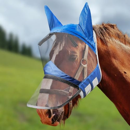 Horse Fly Mask,Horse Fly Mask with Nose,Masks for Horses with Ears,Ear Bonnet for Horses,Donkey Mask Fabric with Purple Line Protection Soft Mesh for Horse Summer (Blue, S)