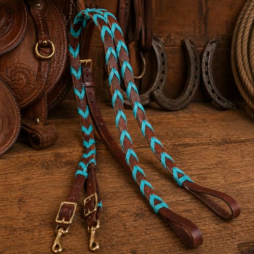CHALLENGER 8' Horse Western Leather Latigo Laced Barrel Contest Reins 66RT10 - color: Turquoise