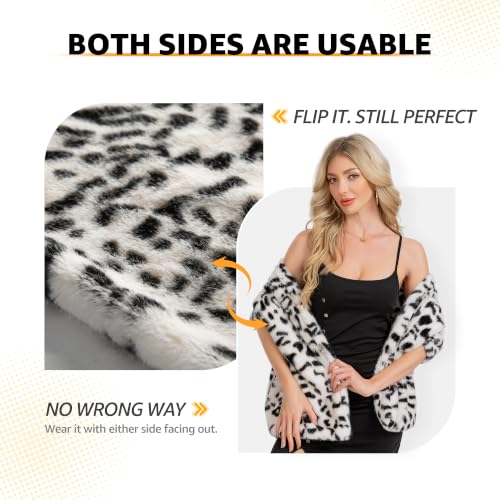 Women's Luxe Short Pile Faux Fur Coat with Shawl Collar - color: Icy Frost Leopard