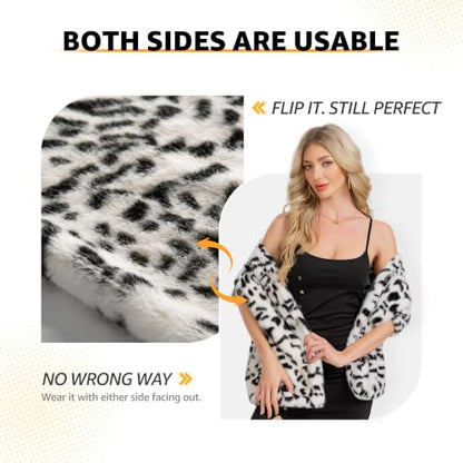 Women's Luxe Short Pile Faux Fur Coat with Shawl Collar - color: Icy Frost Leopard
