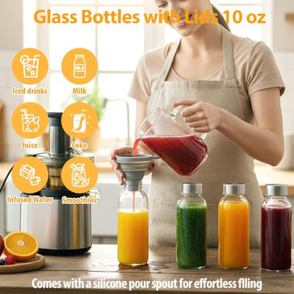 Sursip 10 oz Glass Juice Bottles, 8 Pack, Leakproof Stainless Lids - color: Silver lid- 8 pack, size: 10 OZ