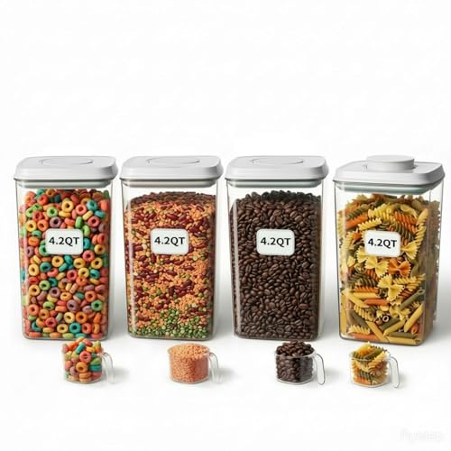 Melovom 4 Pcs Large Pop Airtight Food Storage Containers Set with Lids, 4.2Qt/4L Food Containers with Scoop, Kitchen Pantry Organization and Storage, BPA Free Stackable Cereal Container (4 * 4.2Qt) - color: gray, 4x4.2Qt