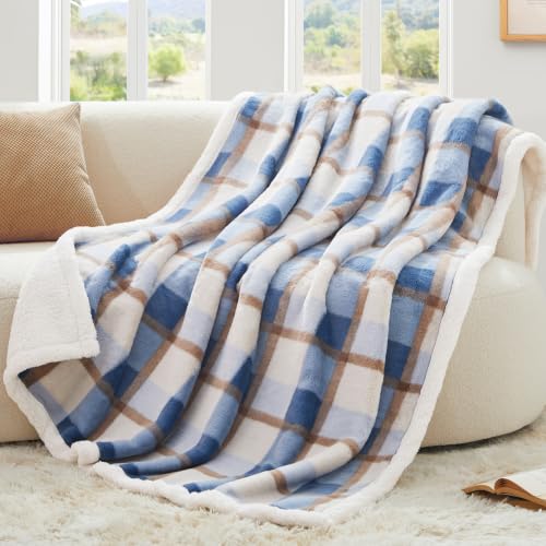 PU MEI Super Soft Faux Rabbit Fur Sherpa Fleece Throw Blanket, Reversible Luxury Cozy Cute Furry Blanket, Plush Warm Shaggy Fluffy Checkered Blankets for Sofa Couch Bed (Blue-Plaid, 60" x 80") - color: Blue-plaid, size: 60"*80"