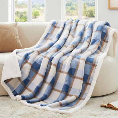 PU MEI Super Soft Faux Rabbit Fur Sherpa Fleece Throw Blanket, Reversible Luxury Cozy Cute Furry Blanket, Plush Warm Shaggy Fluffy Checkered Blankets for Sofa Couch Bed (Blue-Plaid, 60" x 80") - color: Blue-plaid, size: 60"*80"