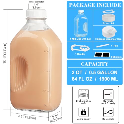 Syntic 64 Oz Glass Milk Bottle with Lid,Handle & Measurement Marks | Food-Grade Glass with Extra Cap Airtight Lid for Juice,Oat Milk,Almond Milk,Smoothies,Beverage Storage & Fridge Use - style: 1 Pack