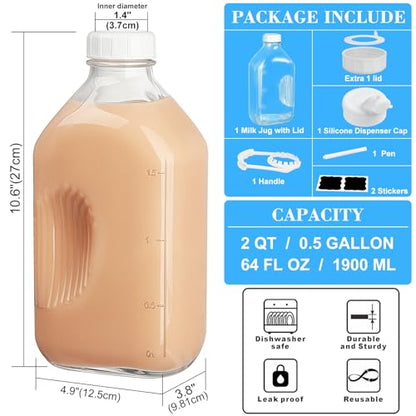 Syntic 64 Oz Glass Milk Bottle with Lid,Handle & Measurement Marks | Food-Grade Glass with Extra Cap Airtight Lid for Juice,Oat Milk,Almond Milk,Smoothies,Beverage Storage & Fridge Use - style: 1 Pack