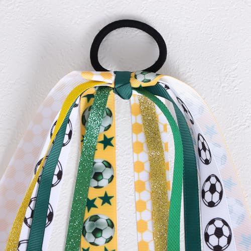 Soccer Ponytail Hair Ribbon Streamer,Yellow Green Sports Elastic Hair Tie Streamer,Football Ribbon Pony Holder for Girls Women Cheerleader Fans School Team Player Party Favor Gifts - color: Soccer-B