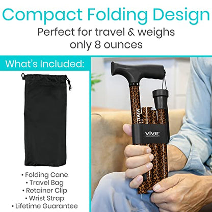 Vive Folding Cane - Foldable Walking Cane for Men, Women - Fold-up - color: Leopard