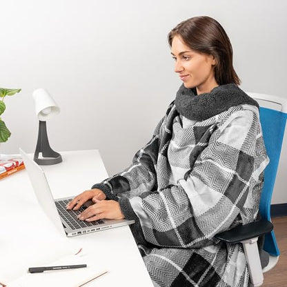 PAVILIA Sherpa Wearable Blanket with Sleeves and Pocket, Plush Thick Cozy Body Blanket Wrap for Adult Women Men, Christmas Gift for Wife Mom, Plaid Grey - color: Plaid Charcoal