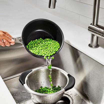 OXO Good Grips Strainer - 3 Qt Capacity, Stainless Steel | Colander, Nesting Design For Easy Storage, Non-Slip Handles, Drains Pasta And Vegetables, Dishwasher Safe - size: 3 Qt