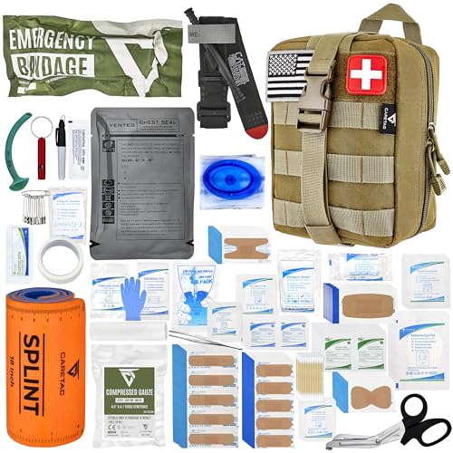 CareTac IFAK Trauma & First Aid Kit with CAT Gen 7 Tourniquet – Military-Grade Tactical Medical Kit Includes Israeli Bandage, Chest Seal, Splint & CPR Mask for Bleed Control, Gunshot Wounds & More - color: Tan
