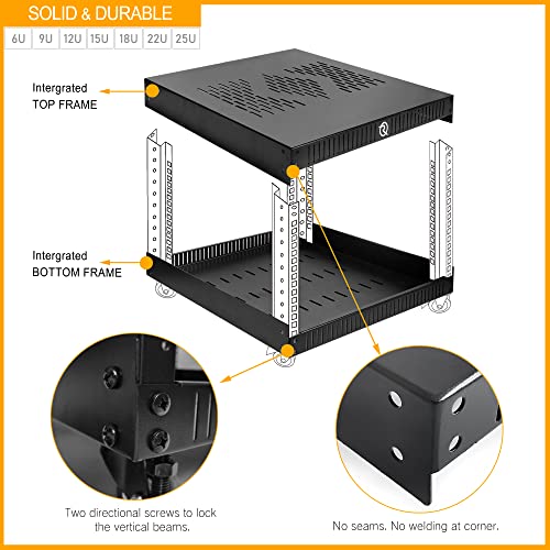 RIVECO 6U Network Rack with Reinforced Top & Bottom Vented Plates- 4 Rolling Wheels Floor Standing Rack for 19" Equipment & Stereo Gear- Including Basic Rail Mount PDU Power Strip - size: 6U
