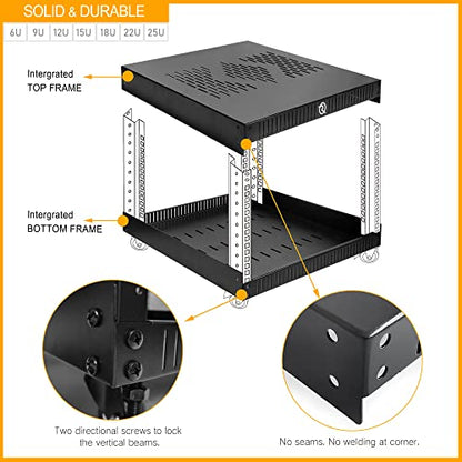 RIVECO 6U Network Rack with Reinforced Top & Bottom Vented Plates- 4 Rolling Wheels Floor Standing Rack for 19" Equipment & Stereo Gear- Including Basic Rail Mount PDU Power Strip - size: 6U