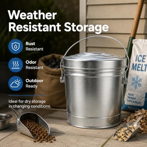 6 Gallon Galvanized Steel Storage Can with Locking Lid, Heavy Duty Rodent-Proof Metal Pail with Wire Bail Handle for Bird Seed, Chicken Feed, Dry Pet Food, Charcoal Ash and Outdoor Storage