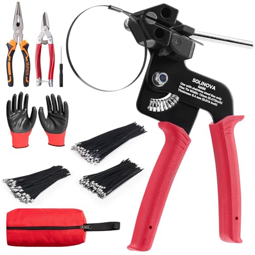 Heavy Steel Cable Tie Gun Tool Set, 2026 Upgraded Stainless Steel Cable Tie Gun with 200pcs Uv Resistant Black Metal Zip Ties Heavy Duty Outdoor Fastening & Cutting for Chain Link Fence, Exhaust Pipe - color: Red