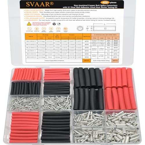 SVAAR 400PCS 26-10 Gauge Non-Insulated Butt Connectors Kit 26-10 AWG Uninsulated Wire Splices 200 Tinned Copper Marine Grade Seamless Crimp Butt Splice Terminals w/200 3:1 Adhesive Lined Heat Shrinks - size: 26-10 AWG Kit