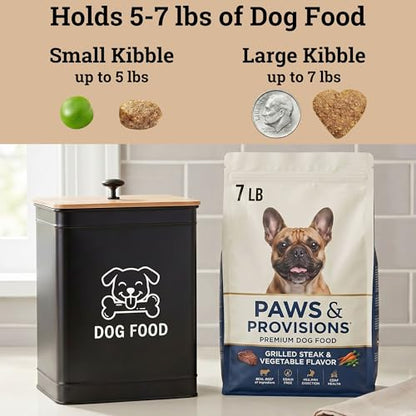 Metal Dog Food Container 5-7lb, 25 Cup w/ Airtight Bamboo Lid, Metal Handle - color: Black: Dog Face