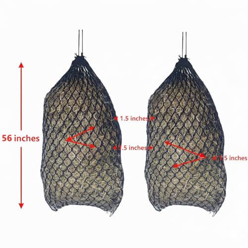 Knotless Ultra Slow Feed Hay Nets – 56” Long, Set of 2, 1.5” Holes, Soft on Muzzles, Durable Nylon, Holds 5-7 Flakes, Easy Hang Strap - size: 56"