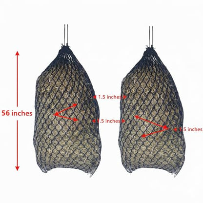 Knotless Ultra Slow Feed Hay Nets – 56” Long, Set of 2, 1.5” Holes, Soft on Muzzles, Durable Nylon, Holds 5-7 Flakes, Easy Hang Strap - size: 56"