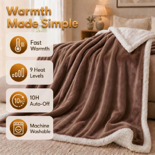 Heated Blanket Electric Throw Size 50''x60'' with 9 Heating Levels, 1-10 Hour Auto Shut Off, Machine Washable, Flannel & Sherpa Double-Sided Soft Warming Blanket for Couch, Bed, Office - Brown - color: 06-brown, size: 50''x60''(Throw)