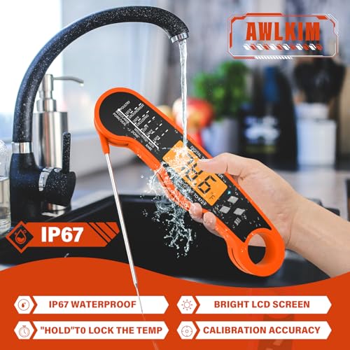 AWLKIM Meat Thermometer Digital, Instant Read Food Thermometer, Orange | Waterproof cooking thermometer with doneness chart, backlight, F/C switch for BBQ, candy, oil - color: Orange