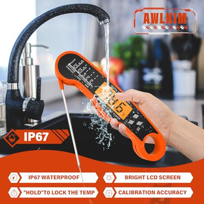 AWLKIM Meat Thermometer Digital, Instant Read Food Thermometer, Orange | Waterproof cooking thermometer with doneness chart, backlight, F/C switch for BBQ, candy, oil - color: Orange