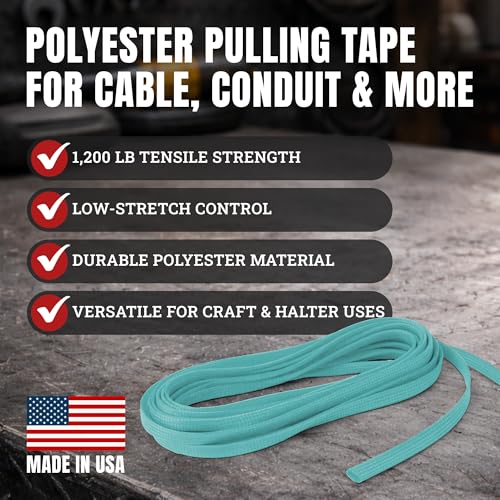 Cajun Tie Downs Pull Line — 1/2 Inch, 1,200 lb, Flat Polyester Pulling Tape, Conduit Wire Pulling, Made in USA, Turquoise, 3000 ft - color: Turquoise, size: 1/2 Inch x 3000 Feet (1200 lb)