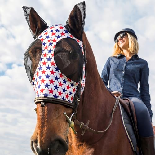 12 Pcs 4th of July Horse Fly Mask with Ears 250th Anniversary Patriotic Fly Mask for Horses Smooth Comfortable Elasticity UV Protection Face Covering for Memorial Day (Medium)