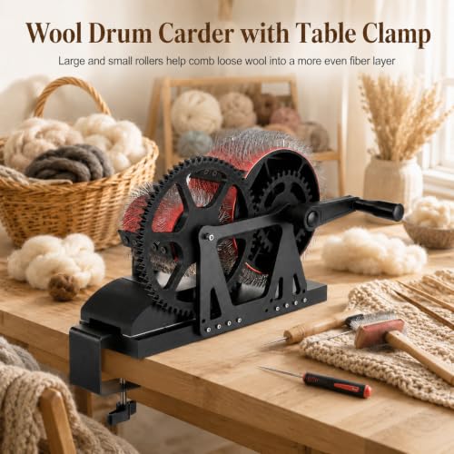 Drum Carders for Wool, Fiber Carding Machine with Brush and Awl, Hand Crank Wool Carder for Combing, Fiber Blending, Felting, Spinning Prep and DIY Yarn Crafts