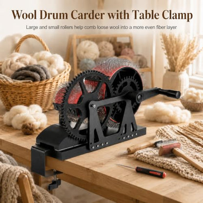 Drum Carders for Wool, Fiber Carding Machine with Brush and Awl, Hand Crank Wool Carder for Combing, Fiber Blending, Felting, Spinning Prep and DIY Yarn Crafts