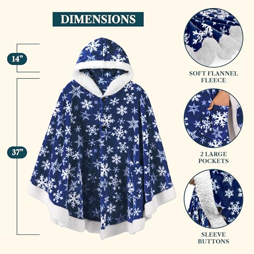 PAVILIA Hooded Blanket Poncho, Fleece Wearable Shawl Wrap, Snowflake Blue | Fleece Shawl Wrap with Hood, Adult Wearable Blanket, Cozy Warm Poncho Cape Throw with Pockets, Gift for Elderly Mom - color: Snowflake Blue