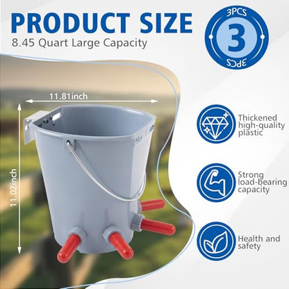 Sawysine 3 Pcs 8.45 Quart Calf Nursing Bucket, Five Teats Feeder with Metal Hanger, Hanging Calf Pail with Nipple Livestock Feeder for Over The Fence, Stall, Barn, Cowshed/Cattle Housing - color: Five Teats