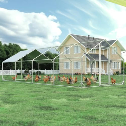 4ever2buy Metal Chicken Coop, 9.5x25 FT Walk-in Chicken Run Pen Poultry Cage, Water-Resistant & Anti-UV Cover, Large Chicken Coop for 25-30 Chickens - size: 298.8"L x 114.0"W x 76.8"H