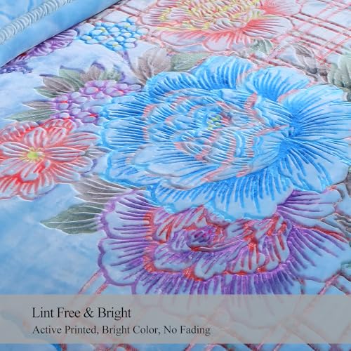 JML Plush Fleece Blanket 87" x 94", 10.5 Pounds Korean Style Mink Blanket King Size for Winter - Soft and Warm, 2 Ply A&B Printed Embossed Raschel Bed Blanket (Blue Flowers) | 2 Ply, A&B Printed, Embossed, Reversible, Plush, Silky Soft, Thick, Warm for Wi