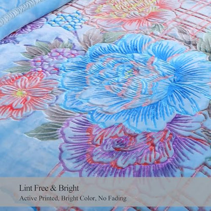 JML Plush Fleece Blanket 87" x 94", 10.5 Pounds Korean Style Mink Blanket King Size for Winter - Soft and Warm, 2 Ply A&B Printed Embossed Raschel Bed Blanket (Blue Flowers) | 2 Ply, A&B Printed, Embossed, Reversible, Plush, Silky Soft, Thick, Warm for Wi