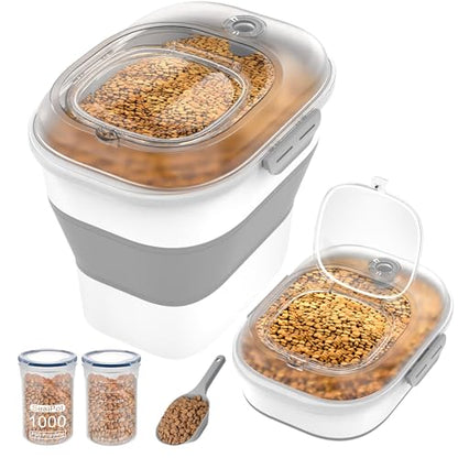 32-35 Lbs Dog Food Storage Container Wheels,Collapsible Dog Food Container | Pet Food Storage Container with Transparent Airtight Lid,Date Track,Keep Fresh for Rice,Flour,Sugar,Scoop and 2PCS Container - color: Clear/35 lbs