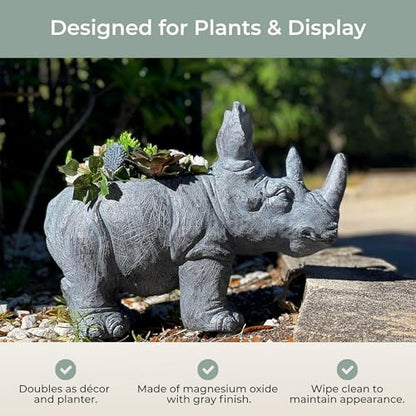 Zeckos Rhino Animal Planter, 18.5 Inch Wide Grey Textured Finish | Magnesium Oxide, 13 Inch Tall, Indoor or Outdoor Display, Drain Holes, 4 X 7.5 Inch Opening, 7.5 Inch Deep - color: Rhino - Grey