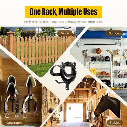 6 Pack Horse Bridle Rack Bracket Hooks – Metal Halter Hanger with Tubes and Screws, Heavy-Duty Tack Storage Holder for Horse Barn, Stable, and Tack Room Organization (Black)