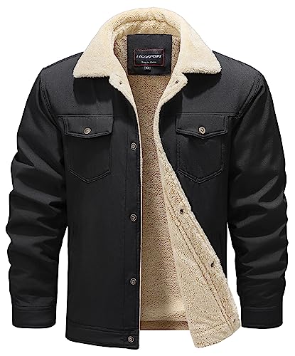 HOW'ON Men's Casual Sherpa Fleece Lined Jacket Warm Coat With Fur Collar - color: Black, size: X-Large