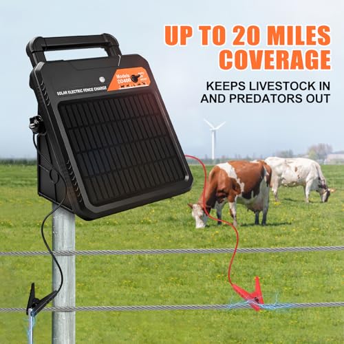 20 Miles Solar Electric Fence Charger – 0.4J Output, 10200V Peak, 24/7 Uninterrupted Protection, 14-Day Backup Power Without Sunlight, Rechargeable Energizer for Livestock & Predators - size: 19Miles
