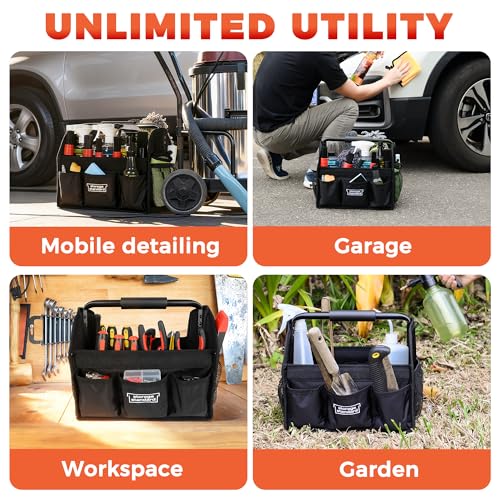 Detailing Caddy Organizer with Handle - Storage, Cars, & Cleaning Caddy for Supplies, Tools, & Home Improvement - Heavy Duty Car Detailing Supplies With Multi-Pockets & Collapsible Tote Design