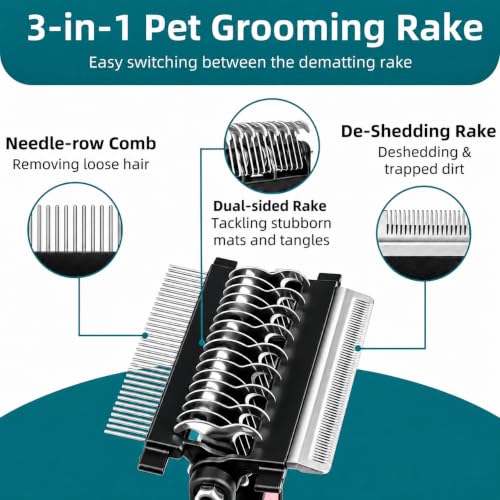 3-IN-1 Pet Grooming Tool - Undercoat Rake, Dematting Comb & Deshedding Brush for Cats, Dogs, Horses - Removes Mats, Tangles & Loose Fur, Reduces Shedding & Prevents Hair Mess (Blue) - color: Blue