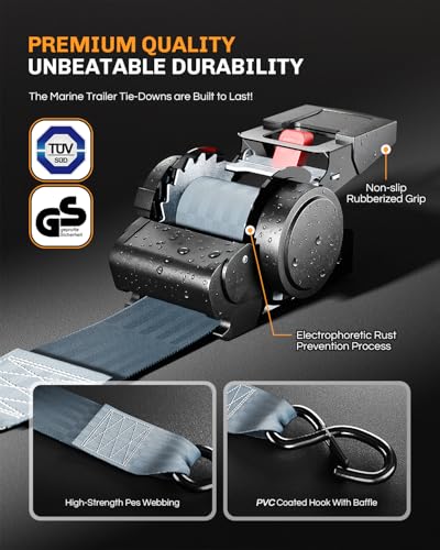 Retractable Ratchet Tie Down Straps for Boat Trailer, Jetski – Heavy Duty 3300lbs Break Strength with Transom Bolt-On, 2 x 72 Inch, 2-Pack - color: Black（Retractable）