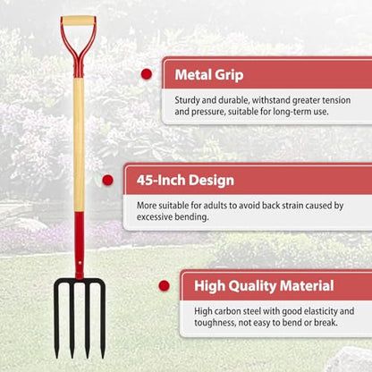 Heavy Duty Garden Fork for Digging, 4 Tines Pitch Fork for Gardening Compost, Garden Pitch Fork with Wooden Handle, 45 Inches