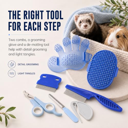 Rabbit Grooming Kit, 7-Piece Bunny Brush and Nail Care, Blue | 7 tools for loose fur, combing, light tangles and nail care; for rabbits, guinea pigs, hamsters and ferrets - color: Blue