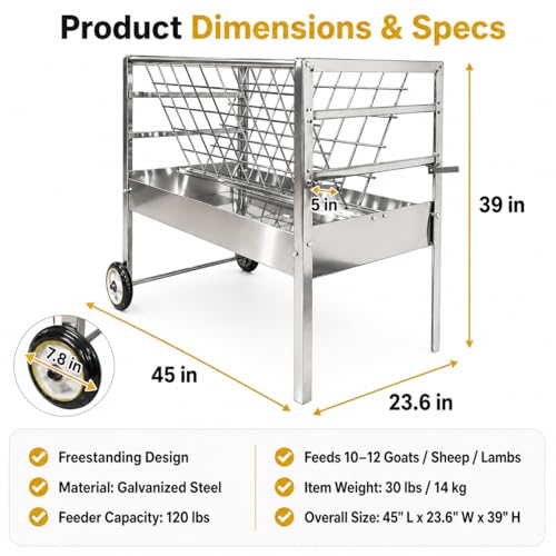 Portable Goat Feeder – Rolling Galvanized Steel Frame, 2 in 1 Hay & Grain Feeder, 30 Lb Unit Weight, Livestock Feeder with Wheels, Great for Sheep, Alpaca & Cattle