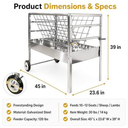 Portable Goat Feeder – Rolling Galvanized Steel Frame, 2 in 1 Hay & Grain Feeder, 30 Lb Unit Weight, Livestock Feeder with Wheels, Great for Sheep, Alpaca & Cattle