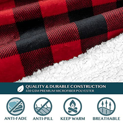 PAVILIA Sherpa Wearable Blanket with Sleeves and Pocket, Plush Thick Cozy Body Blanket Wrap for Adult Women Men, Christmas Gift for Wife Mom, Buffalo Red Black - color: Checkered Red