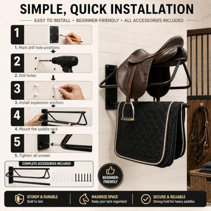 LOVIVO 2 Pack Rust Resistant Wall Saddle Rack with Pad for Western Style Saddles,Black