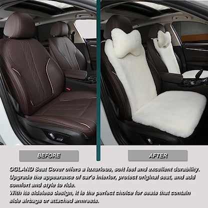 OGLAND White Fuzzy Sheepskin Car Seat Cover | Soft Natural Fur Wool Cushion - color: White